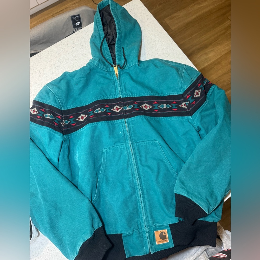RARE Vintage Carhartt Hooded Jacket — Teal Aztec Stripe (Size L)